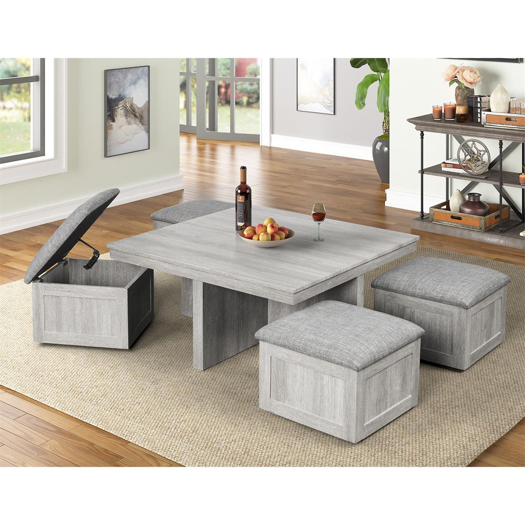 Uster - Coffee Table With Four Storage Stools - Gray